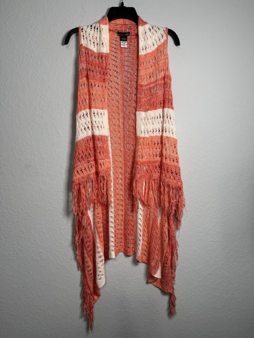 RXB Boho Fringe Duster‎ Vest Womens M Orange Cream Crochet Open Knit Hippie Chic